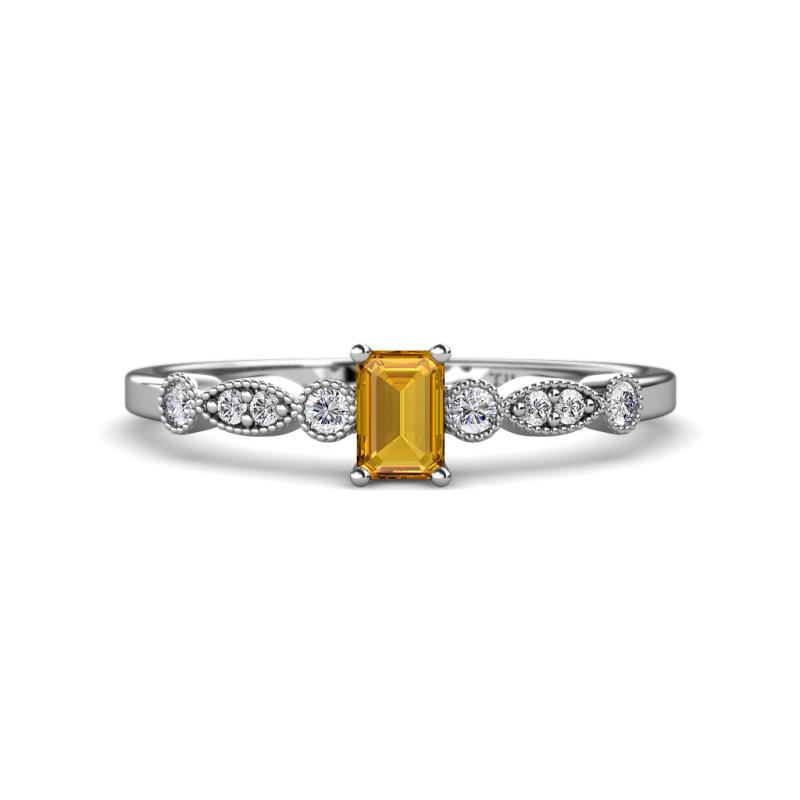 Kiara Desire Emerald Cut Citrine and Round Diamond Engagement Ring 