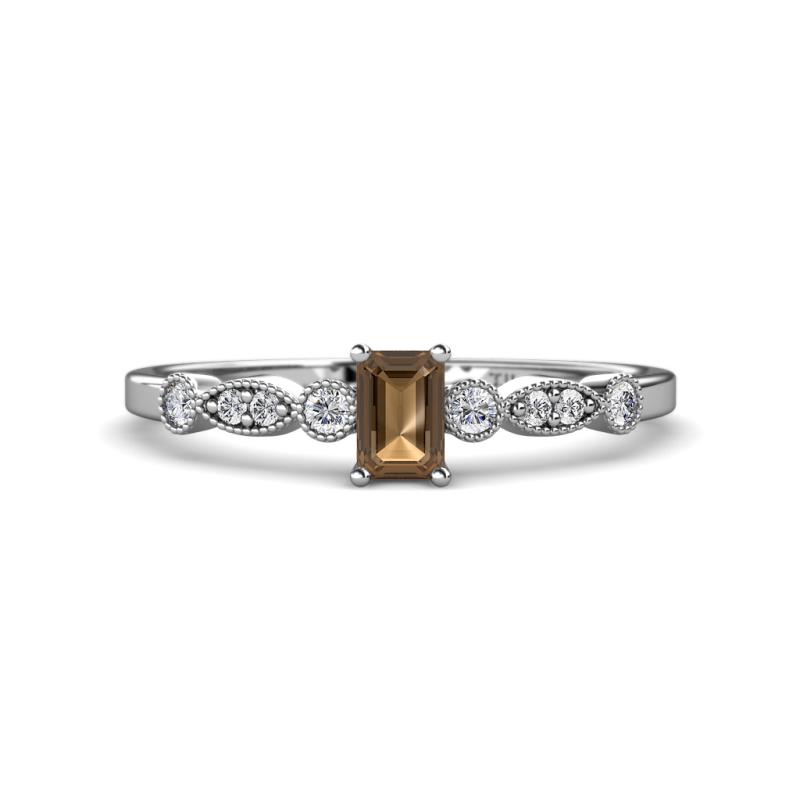 Kiara Desire Emerald Cut Smoky Quartz and Round Diamond Engagement Ring 