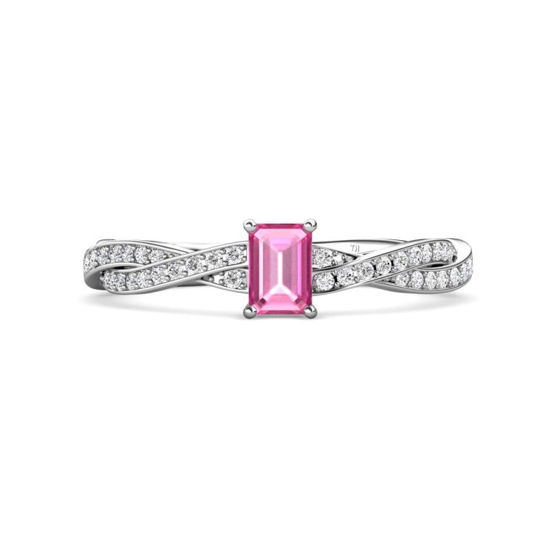 Avril Desire Emerald Cut Pink Sapphire and Round Diamond Twist Braided Shank Engagement Ring 