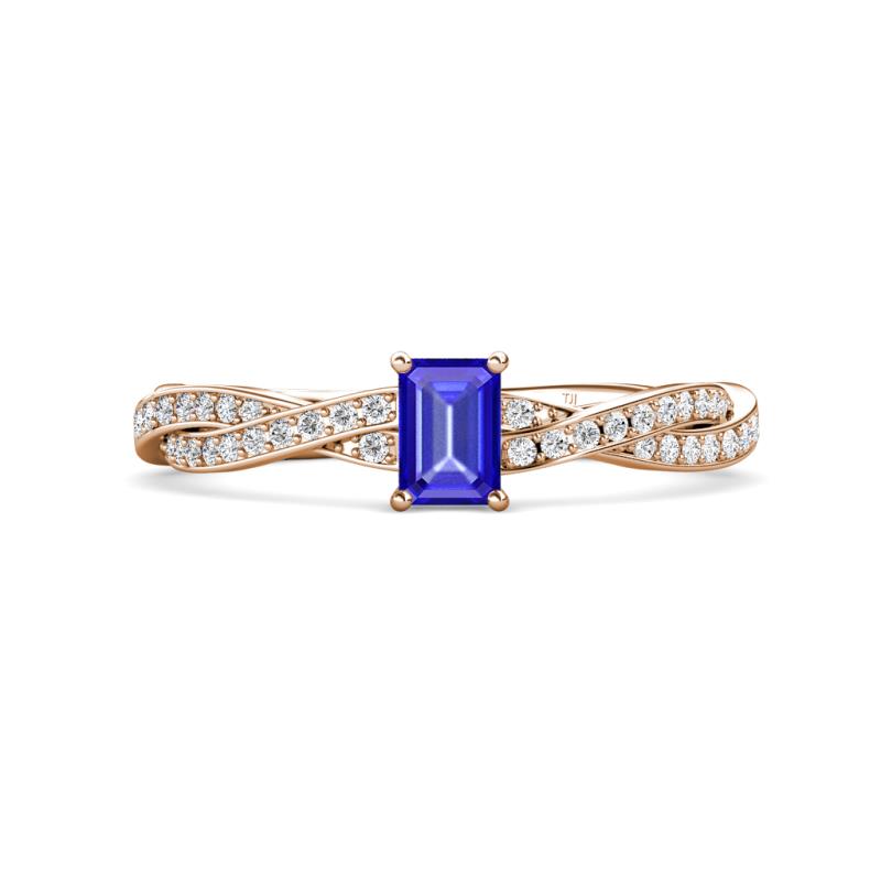 Avril Desire Emerald Cut Tanzanite and Round Diamond Twist Braided Shank Engagement Ring 