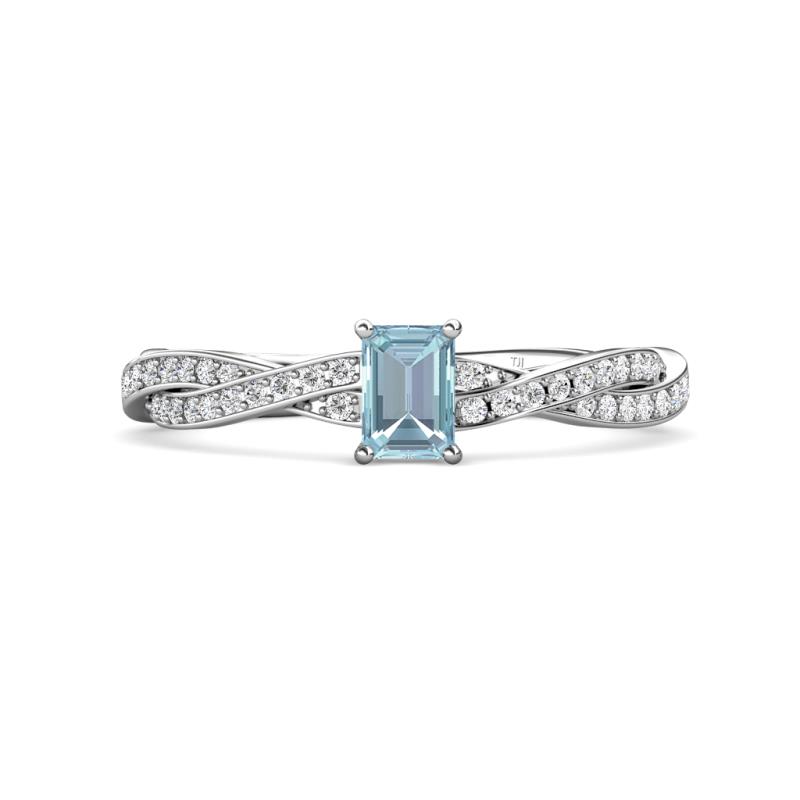 Avril Desire Emerald Cut Aquamarine and Round Diamond Twist Braided Shank Engagement Ring 