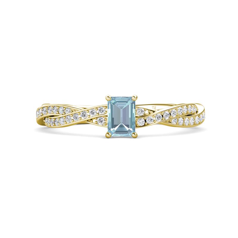 Avril Desire Emerald Cut Aquamarine and Round Diamond Twist Braided Shank Engagement Ring 
