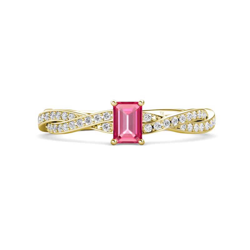 Avril Desire Emerald Cut Pink Tourmaline and Round Diamond Twist Braided Shank Engagement Ring 