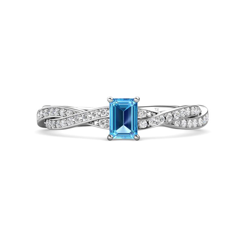Avril Desire Emerald Cut Blue Topaz and Round Diamond Twist Braided Shank Engagement Ring 