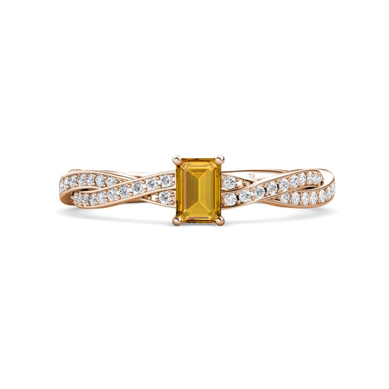 Avril Desire Emerald Cut Citrine and Round Diamond Twist Braided Shank Engagement Ring 