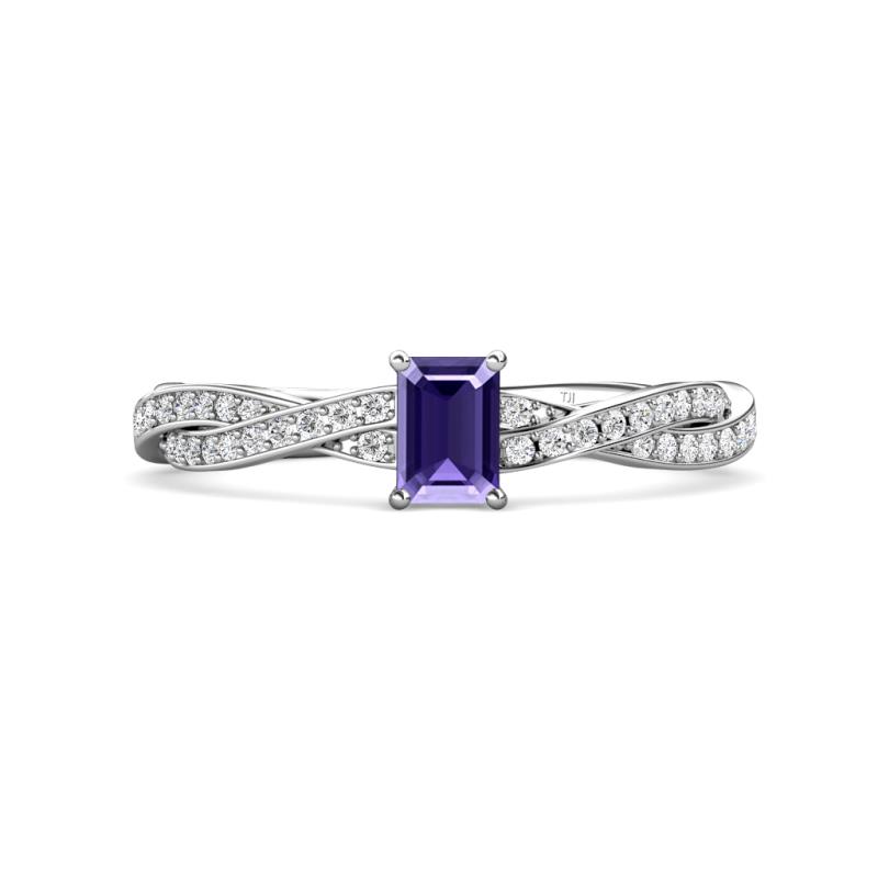 Avril Desire Emerald Cut Iolite and Round Diamond Twist Braided Shank Engagement Ring 