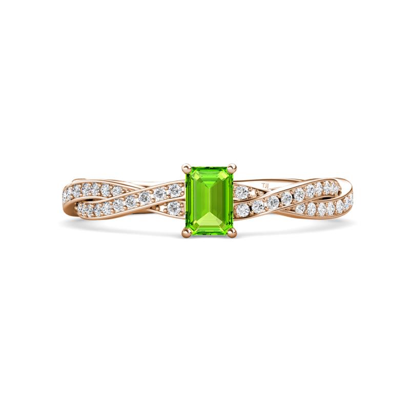 Avril Desire Emerald Cut Peridot and Round Diamond Twist Braided Shank Engagement Ring 