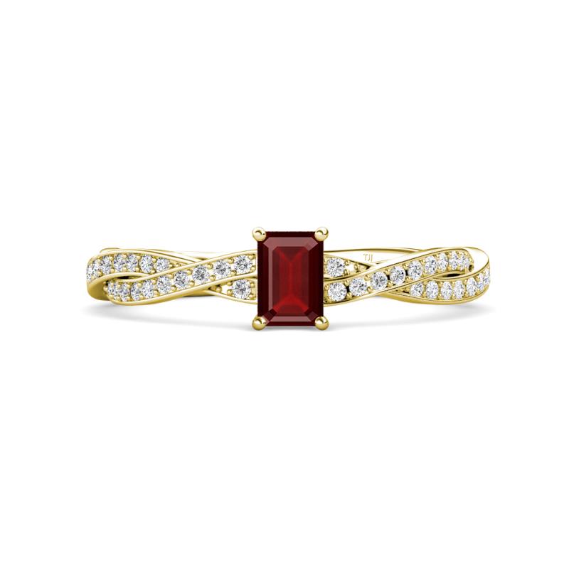 Avril Desire Emerald Cut Red Garnet and Round Diamond Twist Braided Shank Engagement Ring 
