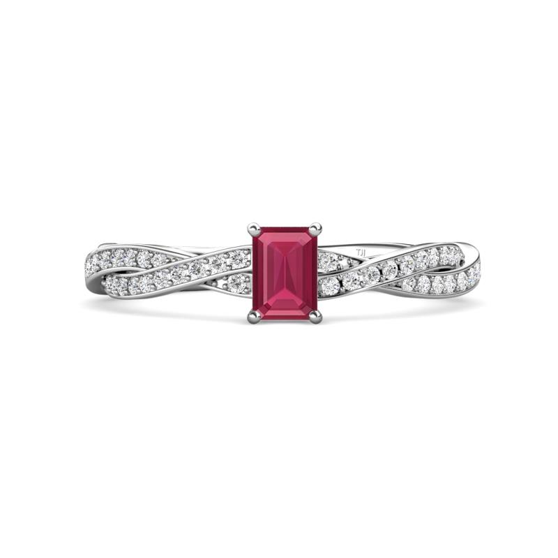 Avril Desire Emerald Cut Rhodolite Garnet and Round Diamond Twist Braided Shank Engagement Ring 