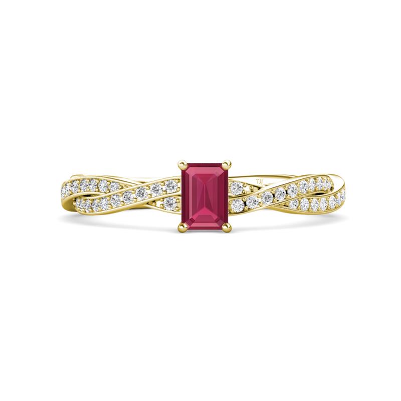 Avril Desire Emerald Cut Rhodolite Garnet and Round Diamond Twist Braided Shank Engagement Ring 