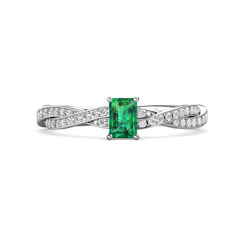 Avril Desire Emerald Cut Emerald and Round Diamond Twist Braided Shank Engagement Ring 