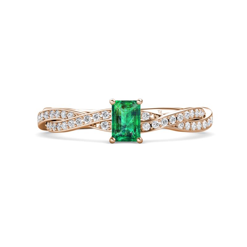 Avril Desire Emerald Cut Emerald and Round Diamond Twist Braided Shank Engagement Ring 