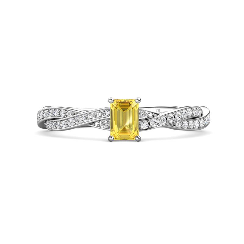 Avril Desire Emerald Cut Yellow Sapphire and Round Diamond Twist Braided Shank Engagement Ring 