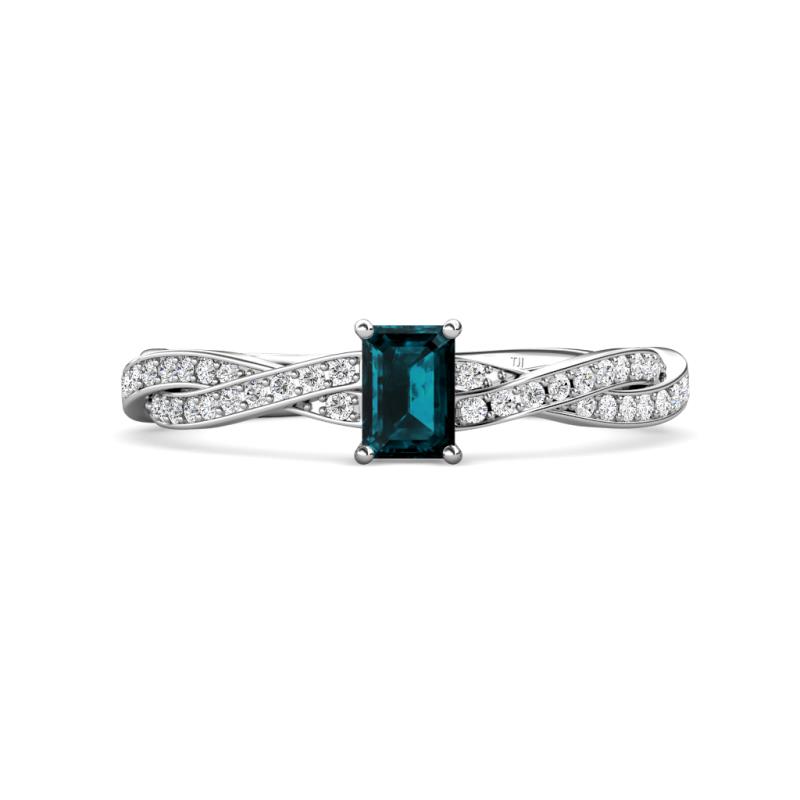 Avril Desire Emerald Cut London Blue Topaz and Round Diamond Twist Braided Shank Engagement Ring 