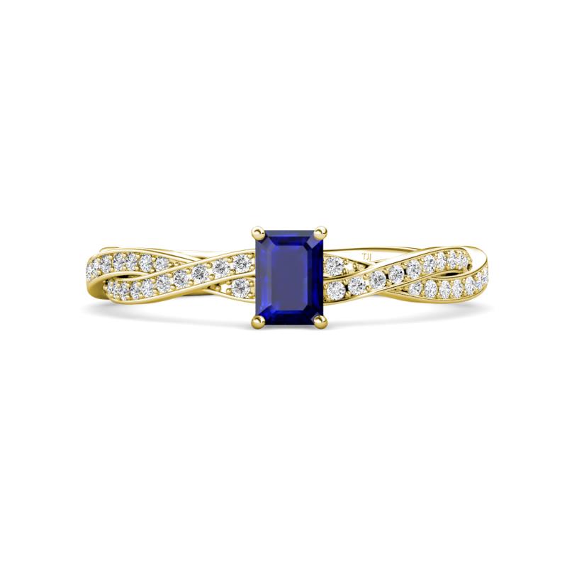 Avril Desire Emerald Cut Blue Sapphire and Round Diamond Twist Braided Shank Engagement Ring 