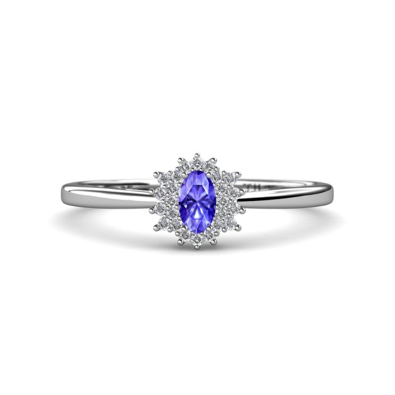 Elsa Rainbow Oval Cut Tanzanite and Round Diamond Sunburst Halo Promise Ring 