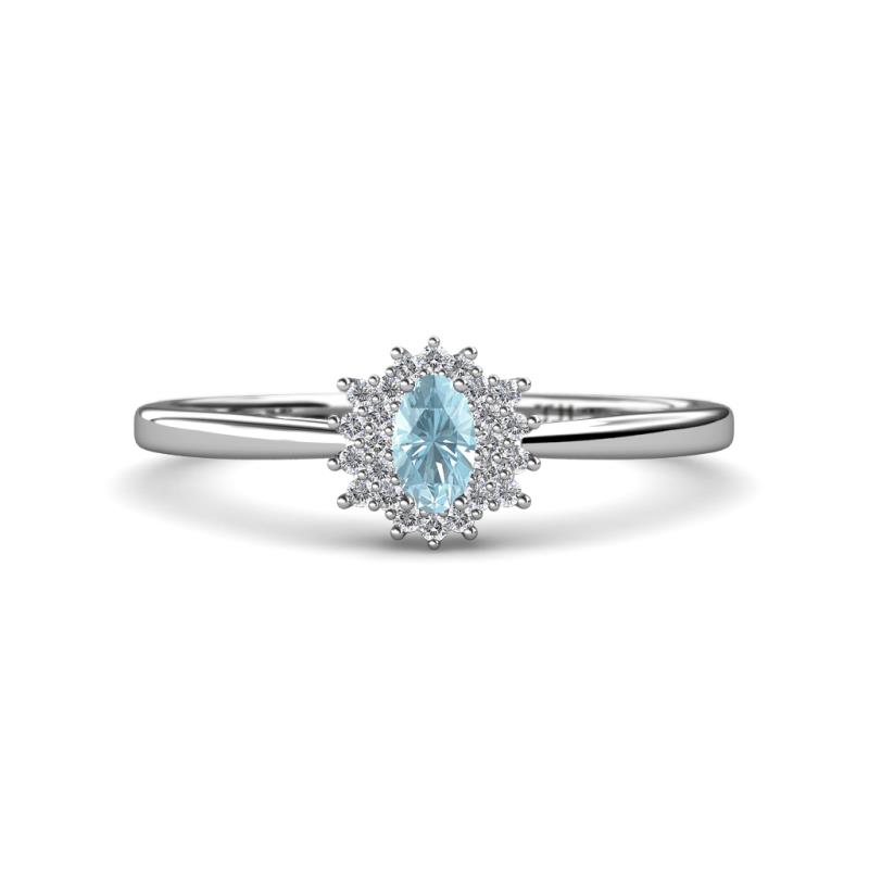 Elsa Rainbow Oval Cut Aquamarine and Round Diamond Sunburst Halo Promise Ring 