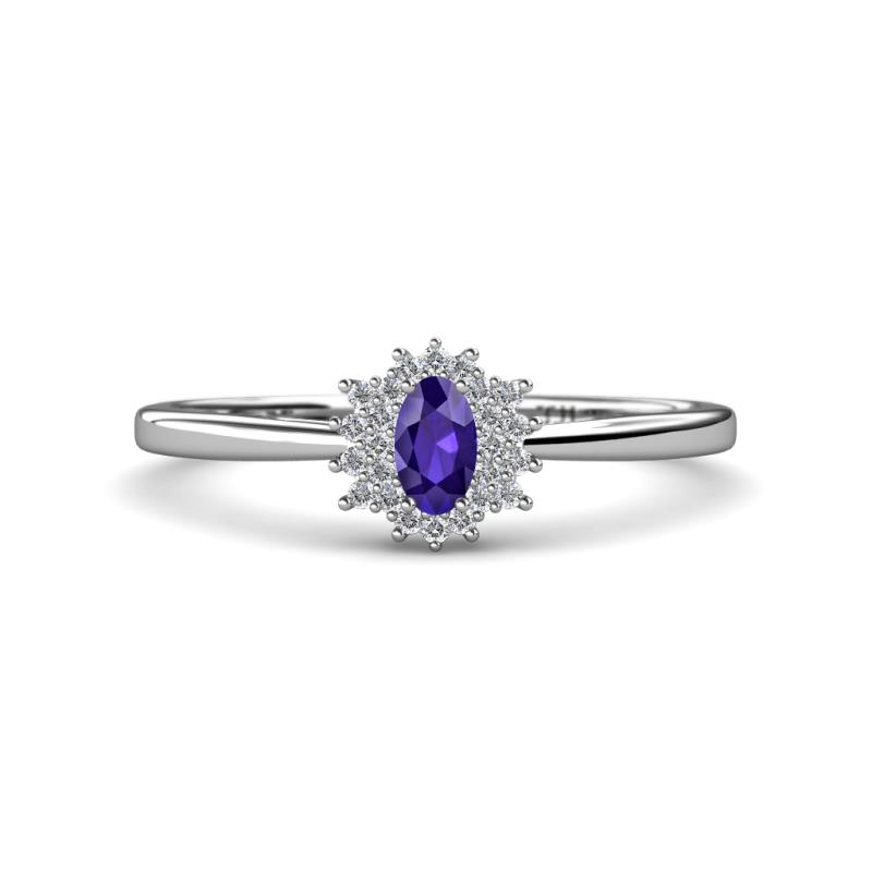 Elsa Rainbow Oval Cut Iolite and Round Diamond Sunburst Halo Promise Ring 