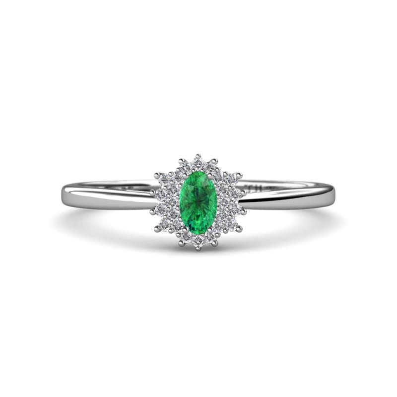 Elsa Rainbow Oval Cut Emerald and Round Diamond Sunburst Halo Promise Ring 