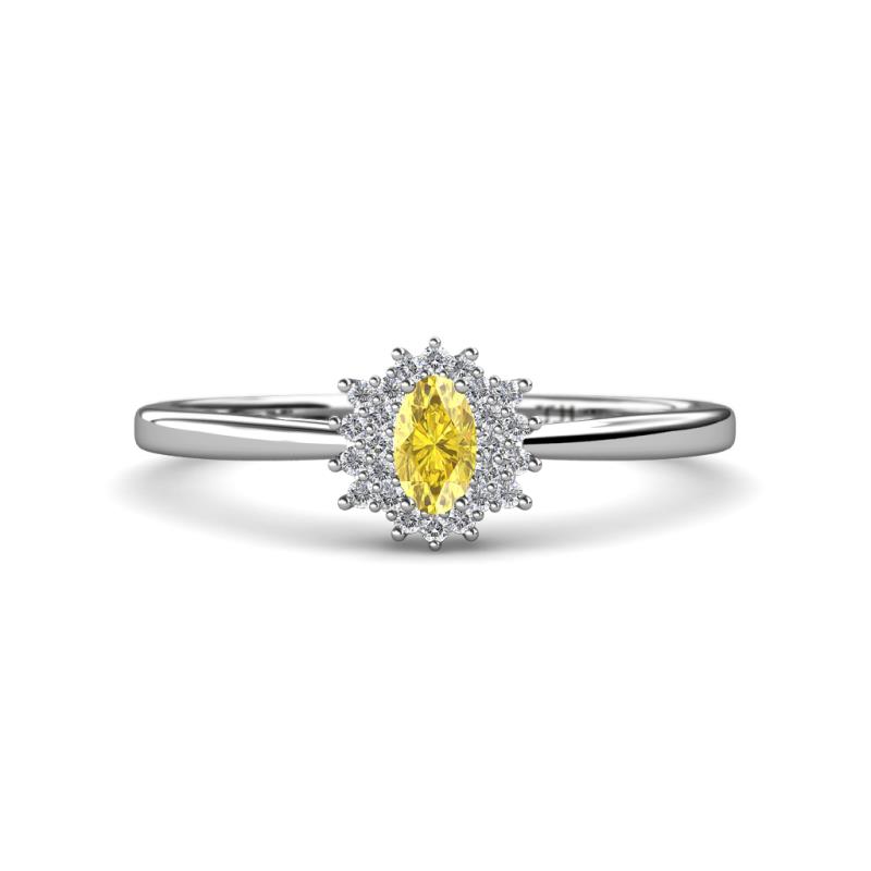 Elsa Rainbow Oval Cut Yellow Sapphire and Round Diamond Sunburst Halo Promise Ring 