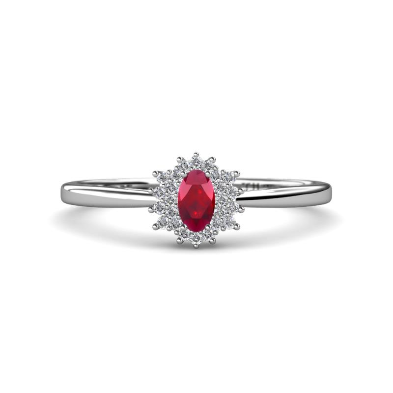 Elsa Rainbow Oval Cut Ruby and Round Diamond Sunburst Halo Promise Ring 