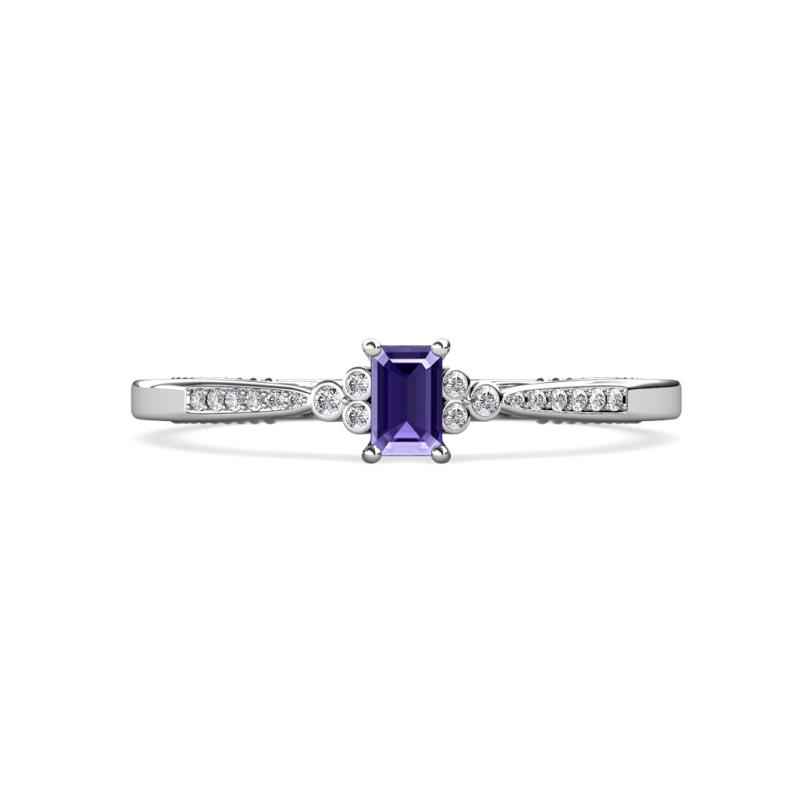 Greta Desire Emerald Cut Iolite and Round Diamond Engagement Ring 