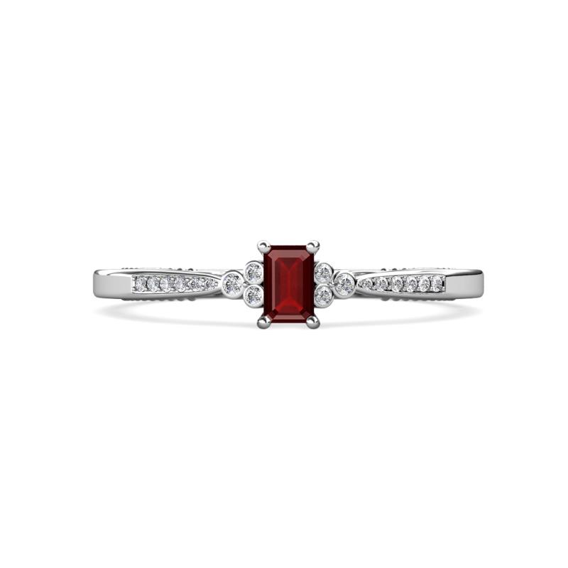 Greta Desire Emerald Cut Red Garnet and Round Diamond Engagement Ring 
