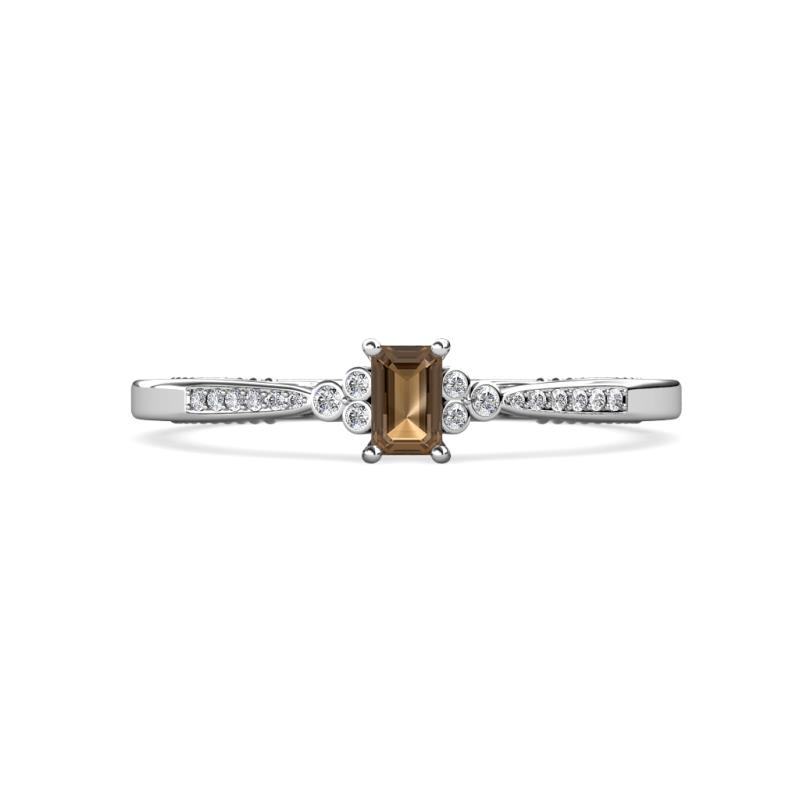 Greta Desire Emerald Cut Smoky Quartz and Round Diamond Engagement Ring 