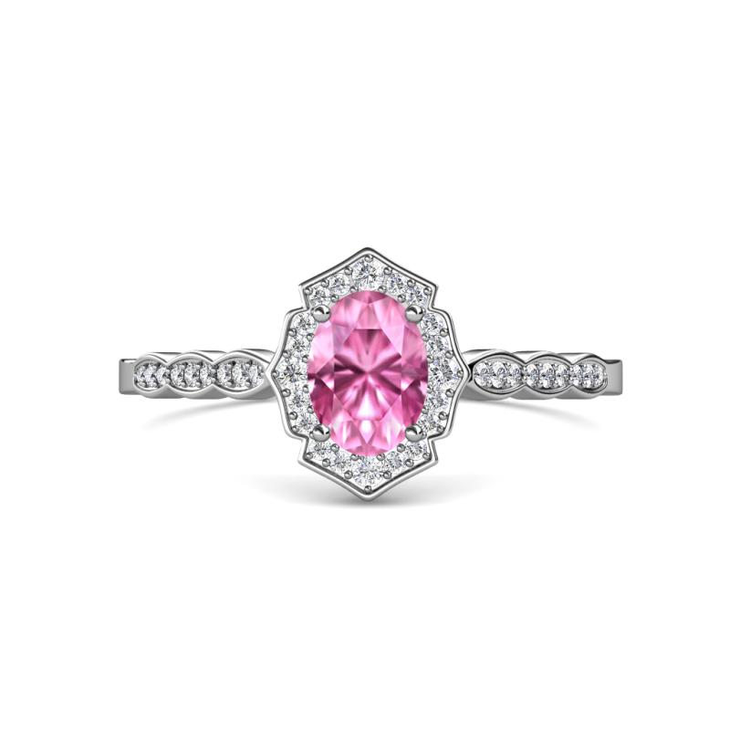 Flora Desire Oval Cut Pink Sapphire and Round Diamond Vintage Scallop Halo Engagement Ring 