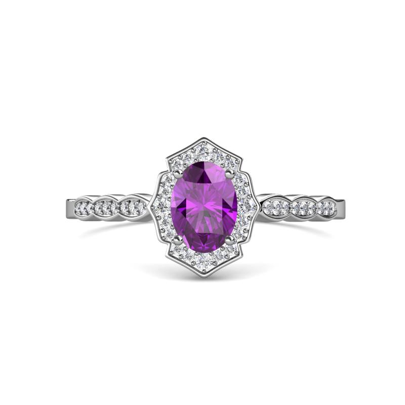 Flora Desire Oval Cut Amethyst and Round Diamond Vintage Scallop Halo Engagement Ring 