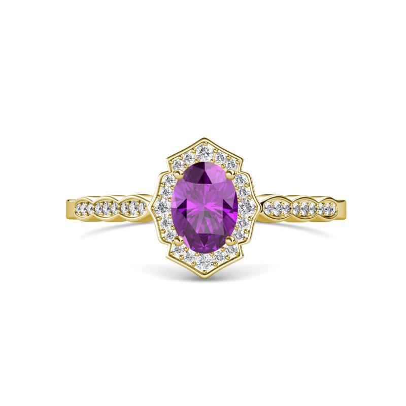 Flora Desire Oval Cut Amethyst and Round Diamond Vintage Scallop Halo Engagement Ring 