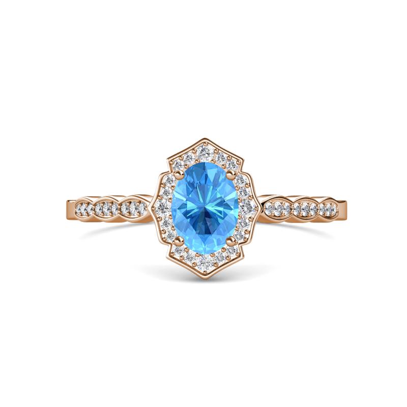 Flora Desire Oval Cut Blue Topaz and Round Diamond Vintage Scallop Halo Engagement Ring 