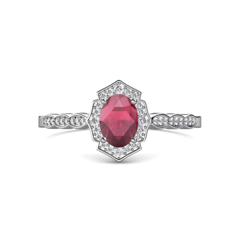 Flora Desire Oval Cut Rhodolite Garnet and Round Diamond Vintage Scallop Halo Engagement Ring 