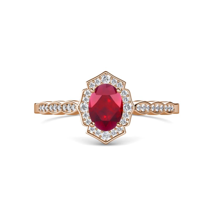 Flora Desire Oval Cut Ruby and Round Diamond Vintage Scallop Halo Engagement Ring 