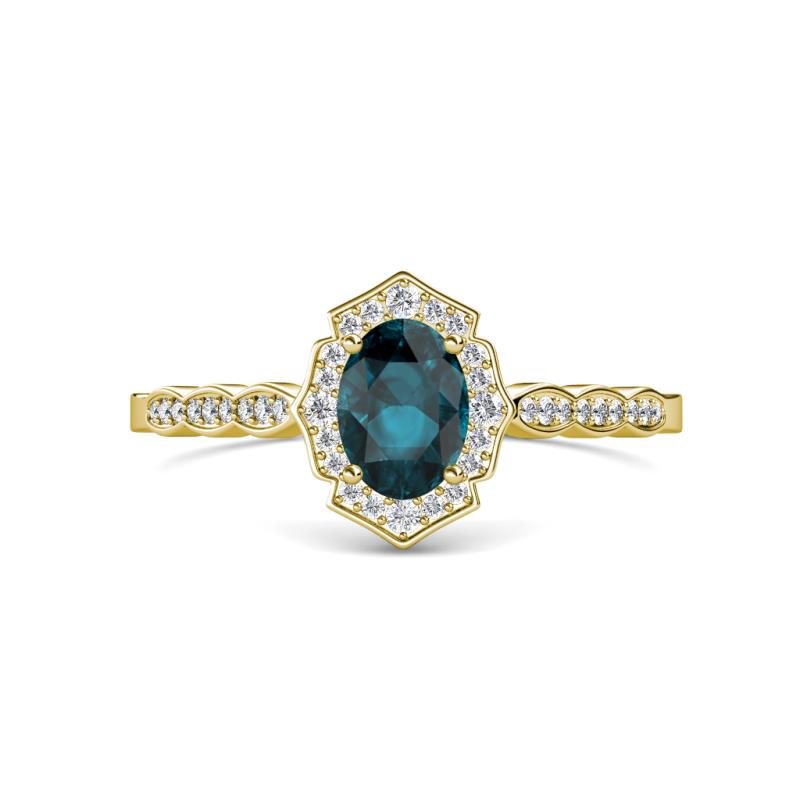 Flora Desire Oval Cut London Blue Topaz and Round Diamond Vintage Scallop Halo Engagement Ring 