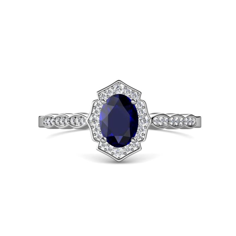 Flora Desire Oval Cut Blue Sapphire and Round Diamond Vintage Scallop Halo Engagement Ring 
