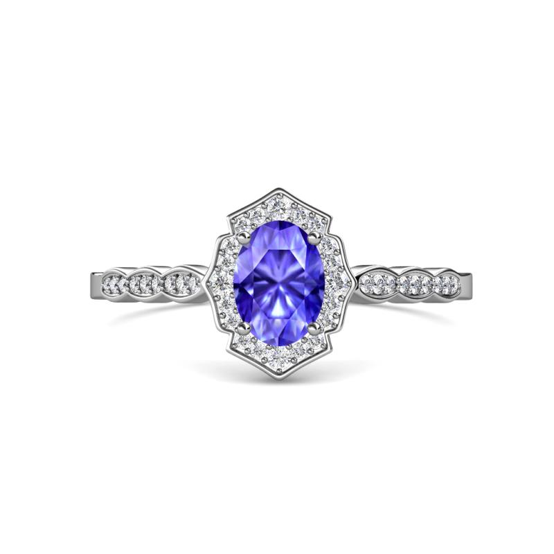 Flora Desire Oval Cut Tanzanite and Round Diamond Vintage Scallop Halo Engagement Ring 
