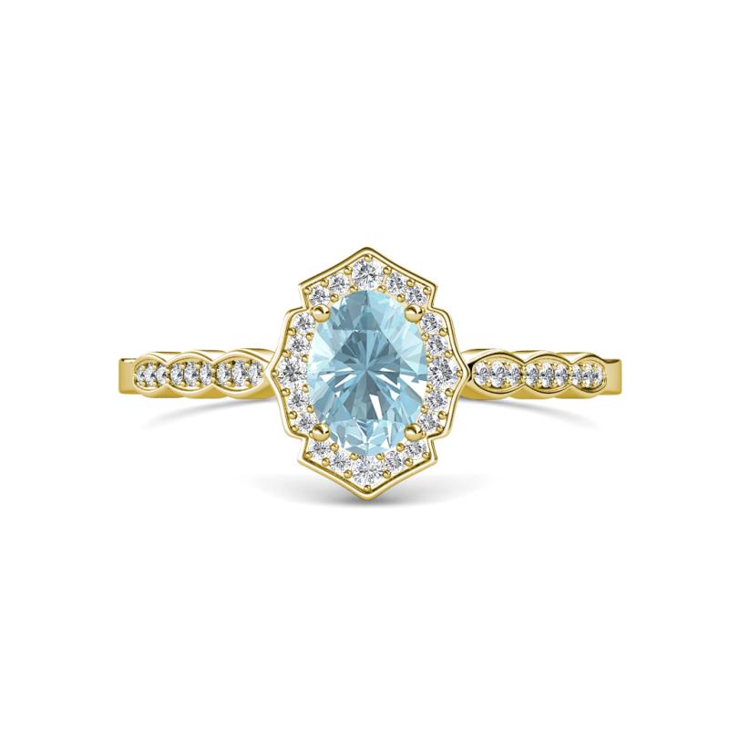 Flora Desire Oval Cut Aquamarine and Round Diamond Vintage Scallop Halo Engagement Ring 