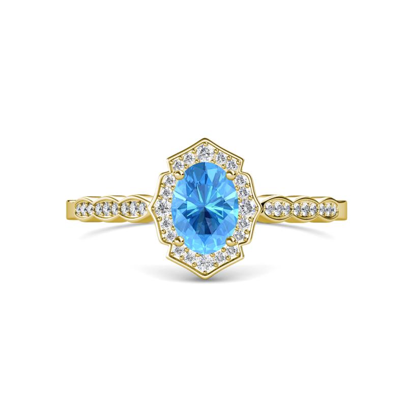 Flora Desire Oval Cut Blue Topaz and Round Diamond Vintage Scallop Halo Engagement Ring 