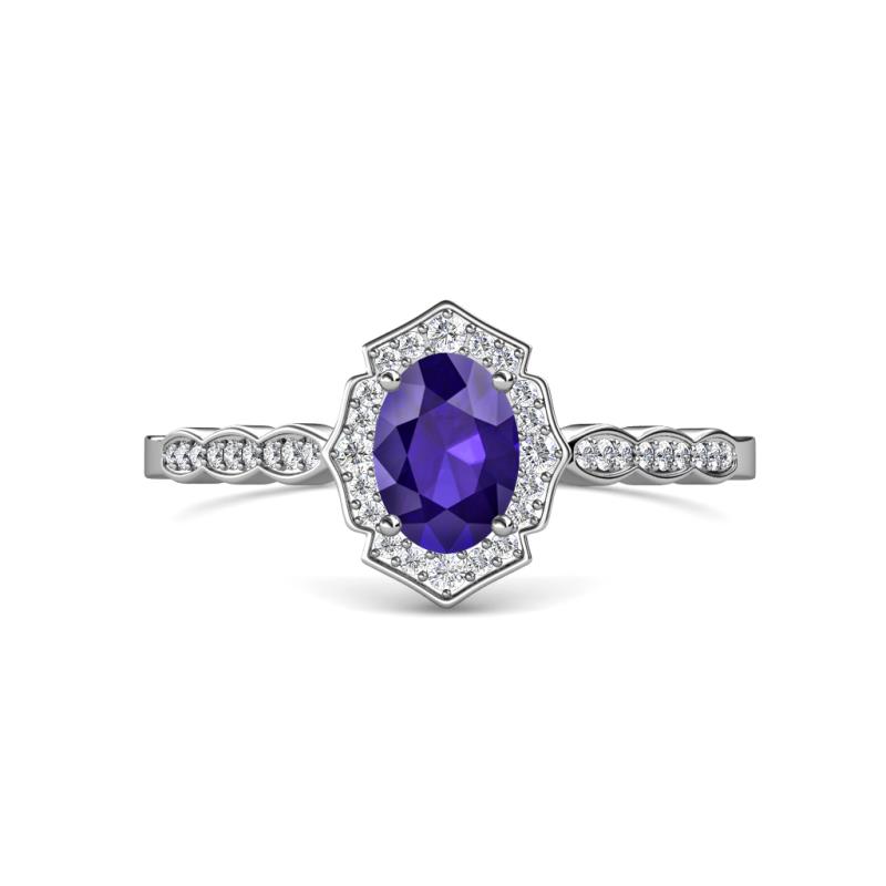 Flora Desire Oval Cut Iolite and Round Diamond Vintage Scallop Halo Engagement Ring 