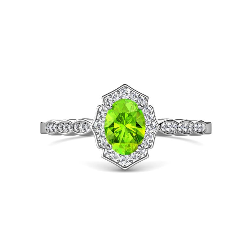 Flora Desire Oval Cut Peridot and Round Diamond Vintage Scallop Halo Engagement Ring 