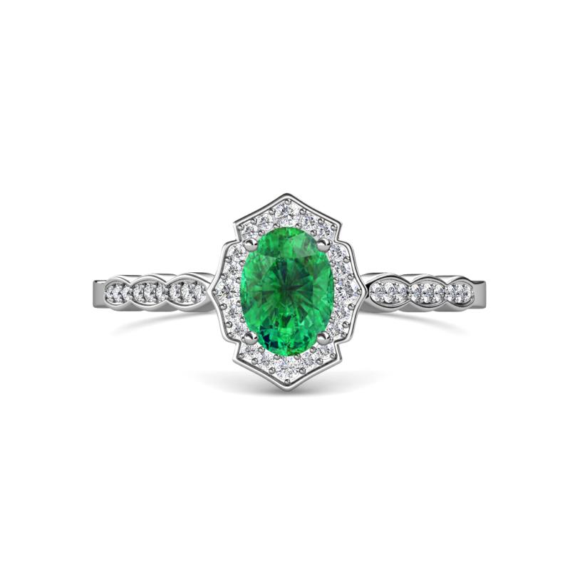 Flora Desire Oval Cut Emerald and Round Diamond Vintage Scallop Halo Engagement Ring 
