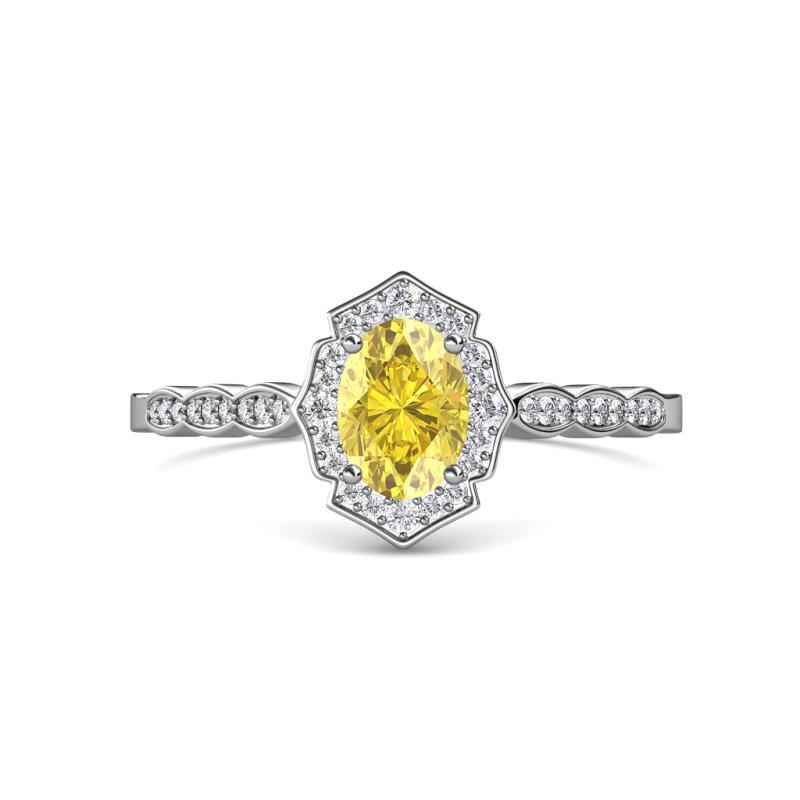 Flora Desire Oval Cut Yellow Sapphire and Round Diamond Vintage Scallop Halo Engagement Ring 