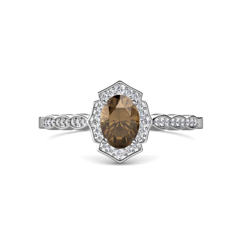 Flora Desire Oval Cut Smoky Quartz and Round Diamond Vintage Scallop Halo Engagement Ring 