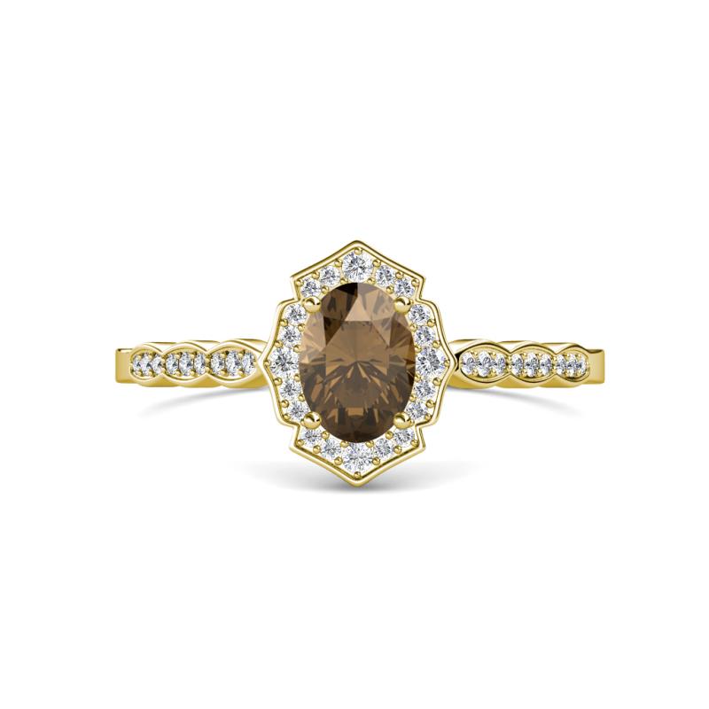 Flora Desire Oval Cut Smoky Quartz and Round Diamond Vintage Scallop Halo Engagement Ring 