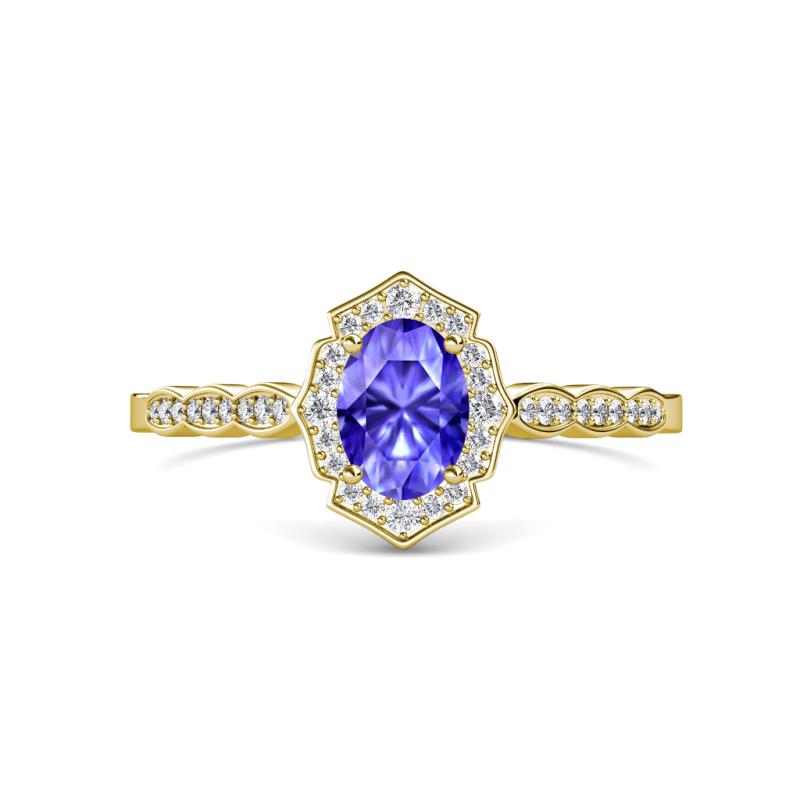 Flora Desire Oval Cut Tanzanite and Round Diamond Vintage Scallop Halo Engagement Ring 
