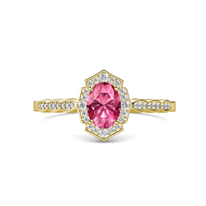 Flora Desire Oval Cut Pink Tourmaline and Round Diamond Vintage Scallop Halo Engagement Ring 