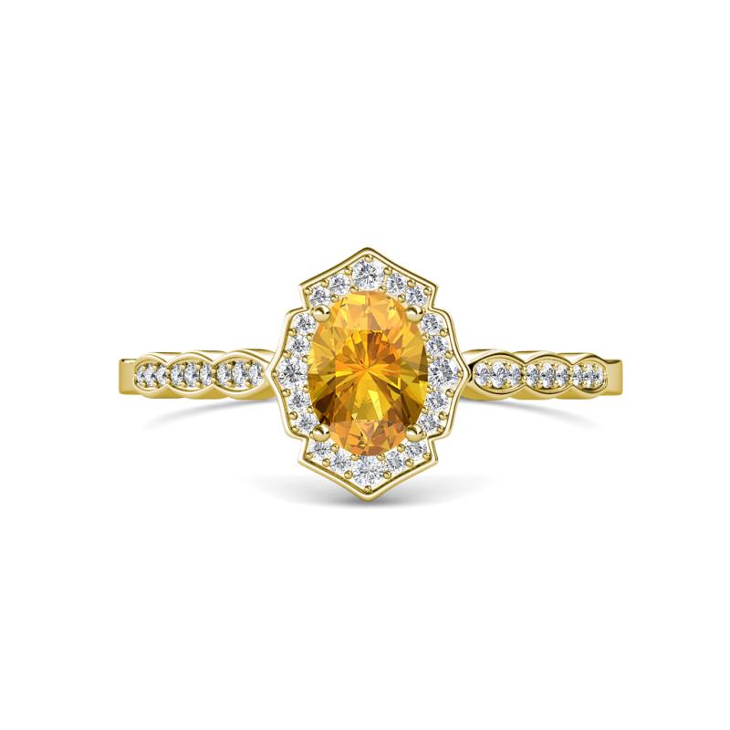 Flora Desire Oval Cut Citrine and Round Diamond Vintage Scallop Halo Engagement Ring 