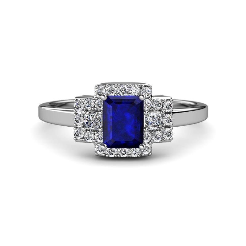 Jessica Rainbow Emerald Cut Lab Created Blue Sapphire with Round and Princess Cut Diamond Engagement Ring 