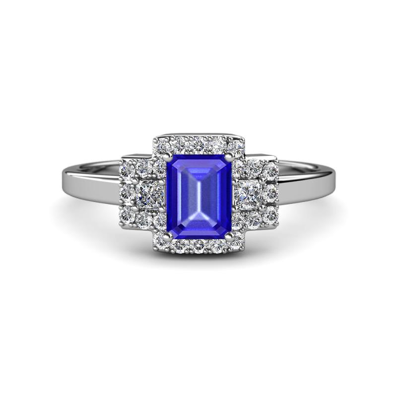 Jessica Rainbow Emerald Cut Tanzanite with Round and Princess Cut Diamond Engagement Ring 